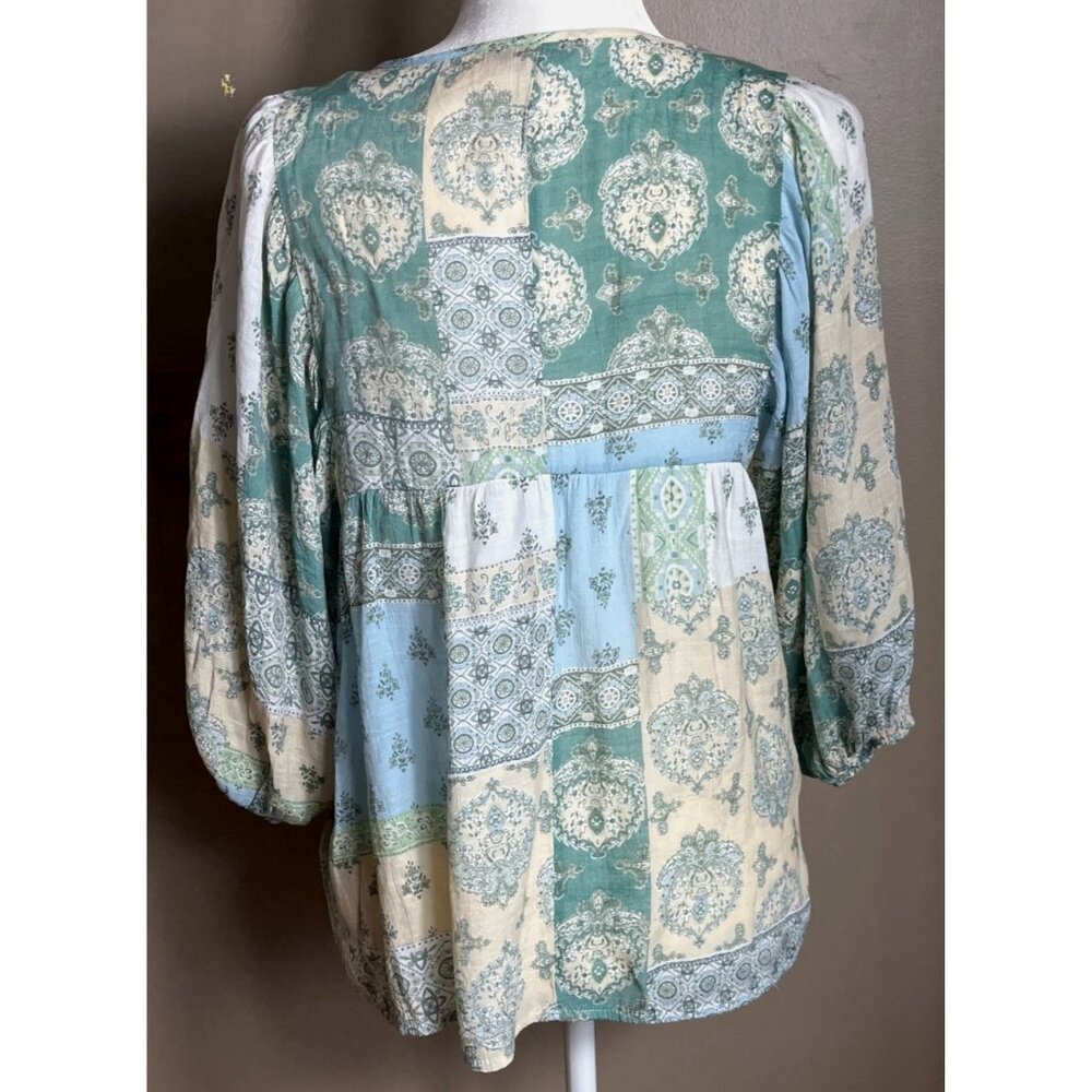 Patchwork Boho Top Aqua Gauze Balloon Sleeves Ethereal Cottage Fairy Coastal S - Picture 2 of 9